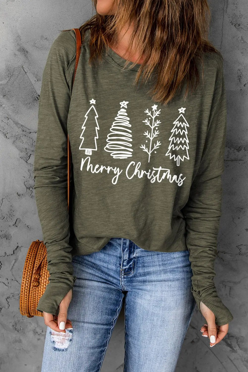Thea Merry Christmas Trees Thumbhole Sleeve Graphic Long Sleeve Tee - Love Salve